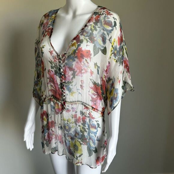 Boho Floral Sheer Chiffon Bell Sleeve 100% Silk Top - Picture 3 of 7